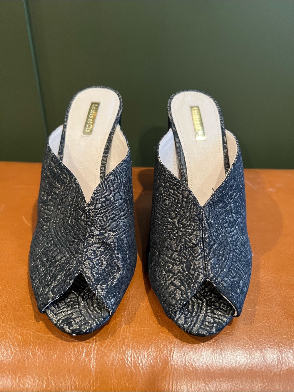 Louise et Cie Black and Gold Tapestry Mules